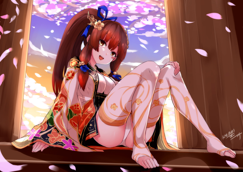 1girl, brown_eyes, cherry_blossoms, feet, female_focus, highres, japanese_clothes, khibiki_(brequiem), no_shoes, panties, petals, ponytail, puzzle_&amp;_dragons, red_hair, sitting, smile, solo, thighhighs, toeless_legwear, toes, tsubaki_(p&amp;d), underwear