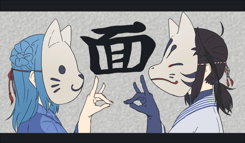 10s, 2girls, alternate_costume, betchan, black_gloves, black_hair, blue_eyes, blue_hair