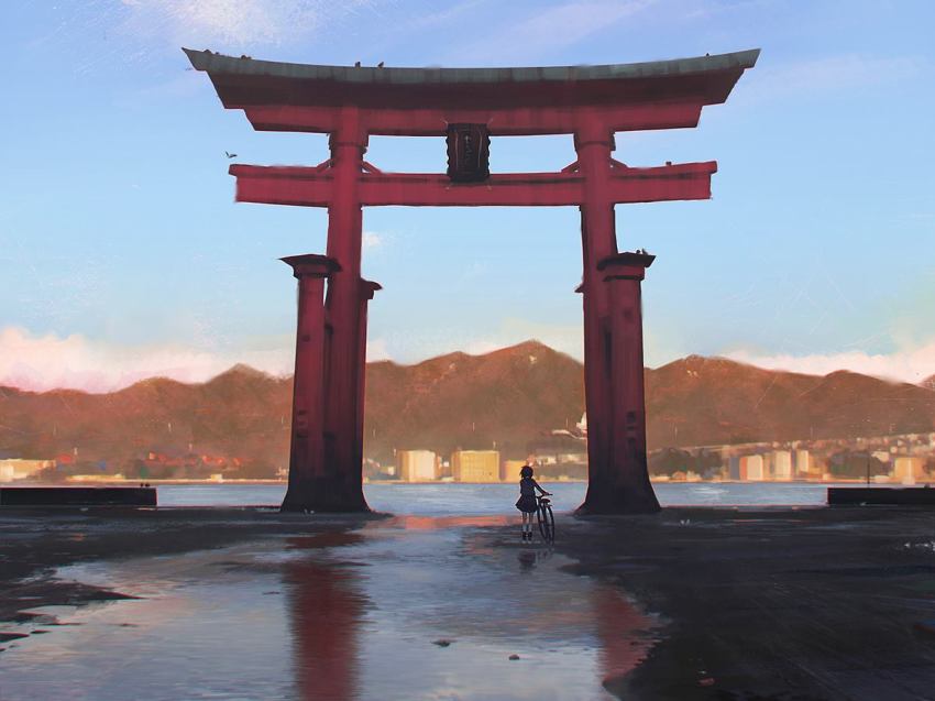 1girl, architecture, art_study, bicycle, blue_sky, day, east_asian_architecture, female_focus