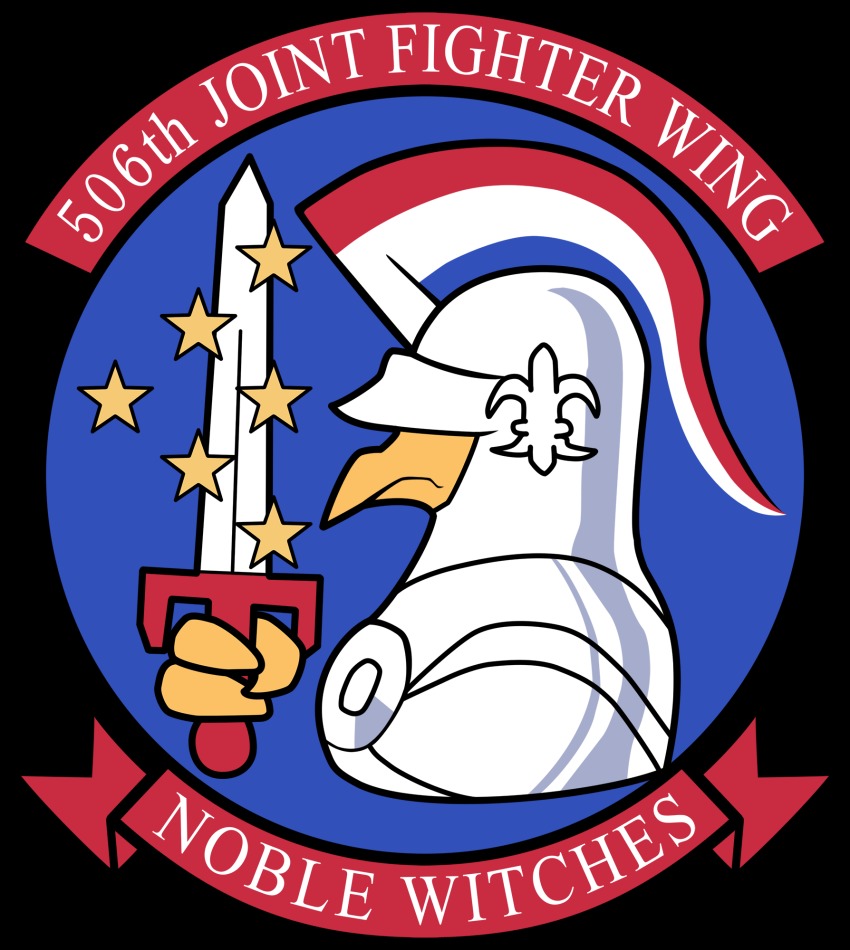 506th_joint_fighter_wing_(emblem), armor, bird, close-up, emblem, english_text, fleur-de-lis, from_side