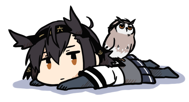 10s, 1girl, ahoge, anchor_symbol, betchan, bird, black_gloves, black_hair