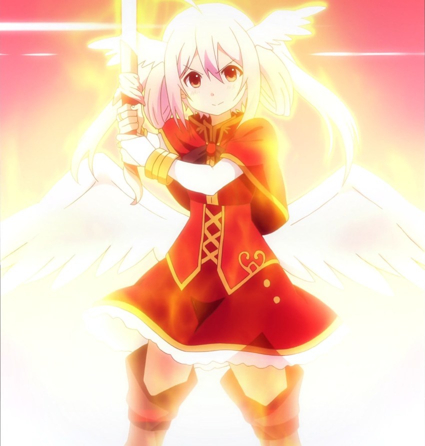 10s, ange_vierge, angel_wings, anime_screenshot, boots, brown_eyes, elel, highres, pink_hair, short_hair, solo, sword, thigh_boots, thighhighs, weapon, wings