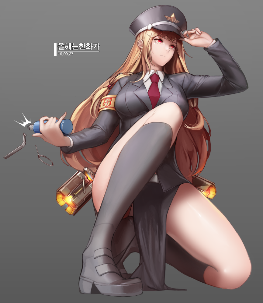 00s, 10s, 1girl, 2016, ^^^, action, armband, between_legs, black_boots, black_hat, black_jacket, black_legwear, black_skirt, blonde_hair, boots, breasts, closed_mouth, collared_shirt, dated, dress_shirt, dungeon_and_fighter, explosive, eyelashes, female_focus, female_gunner_(dungeon_and_fighter), female_spitfire_(dungeon_and_fighter), formal_clothes, frown, full_body, glowing, gradient_background, grenade, grenade_pin, grey_background, hand_on_headwear, hat, high_heel_boots, high_heels, holding, jacket, korean_text, large_breasts, long_hair, long_sleeves, looking_away, military, military_hat, military_uniform, monaim, necktie, on_one_knee, panties, pantyshot, pelvic_curtain, red_eyes, red_necktie, shade, shirt, skirt, skirt_suit, solo, suit, underwear, white_panties, white_shirt