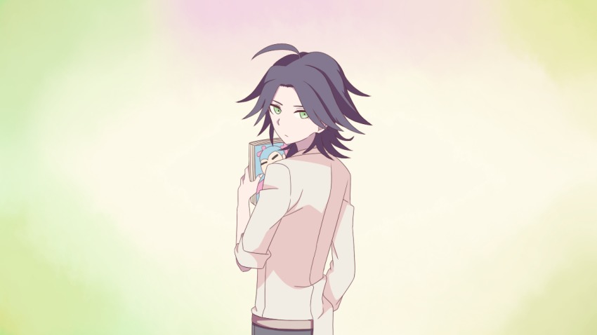1boy, ahoge, bad_id, bad_pixiv_id, black_hair, book, danganronpa, danganronpa/zero