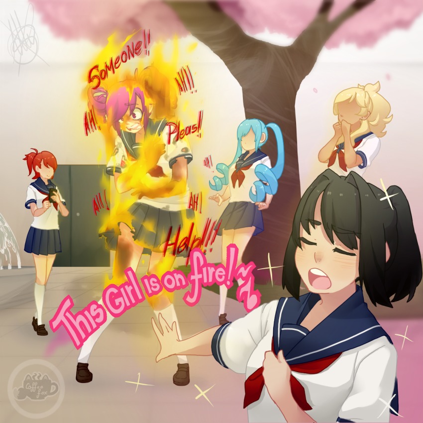 5girls, ayano_aishi, black_hair, blonde_hair, blue_hair, burning, cooking, drill_hair, fire, highres, kokona_haruka_(yandere_simulator), light_blue_hair, multiple_girls, murder, musume_ronshaku, ponytail, purple_hair, red_hair, rio_(summer_memories), saki_miyu, school, school_uniform, serafuku, short_hair, tree, yandere_simulator, yui_(summer_memories)