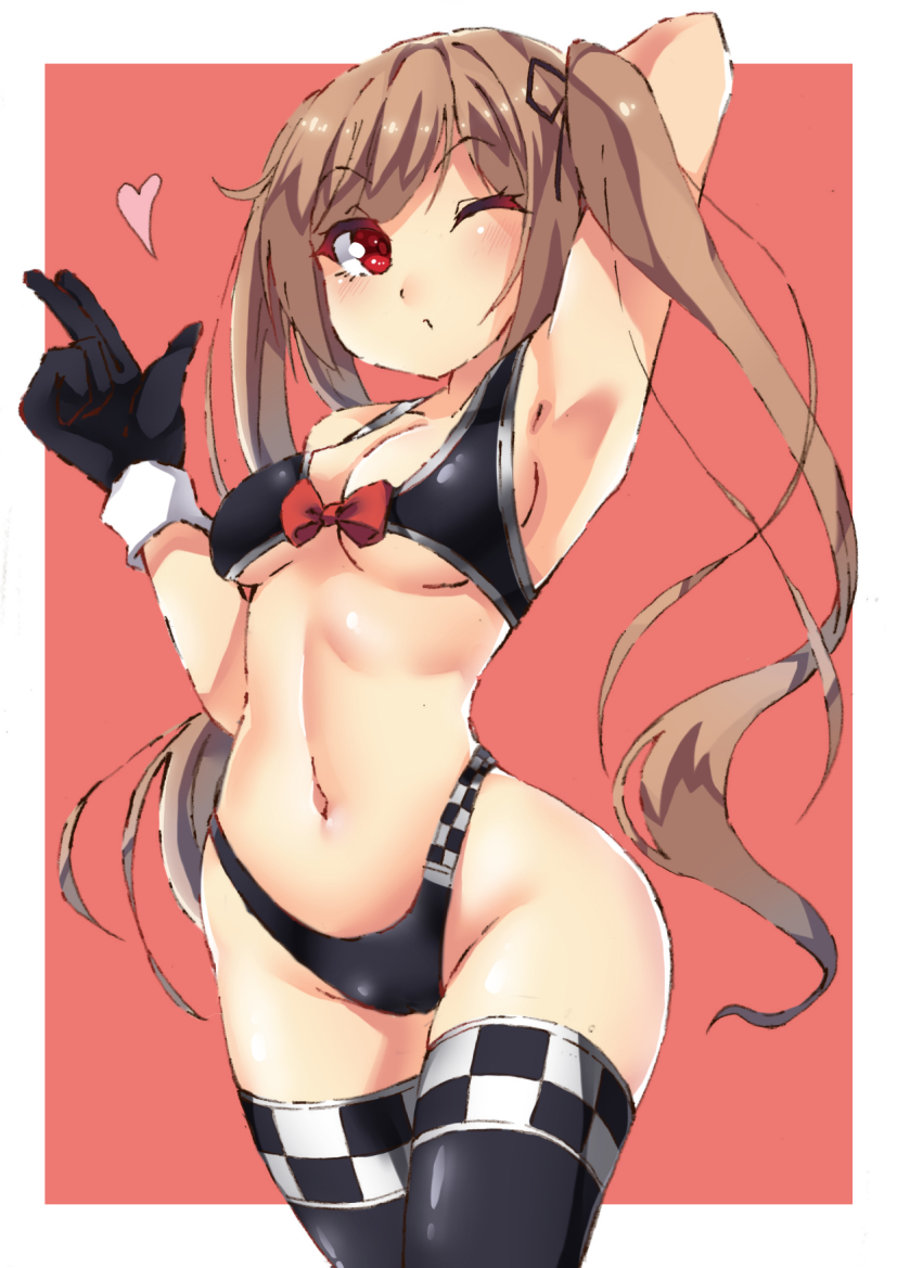 10s, 1girl, arm_behind_head, armpits, asake_ameji, bikini, blowing_kiss, blush, breasts, brown_hair, female_focus, heart, kantai_collection, light_brown_hair, long_hair, looking_at_viewer, murasame_(kancolle), navel, one_eye_closed, race_queen, red_eyes, solo, standing, swimsuit, thighhighs, twintails