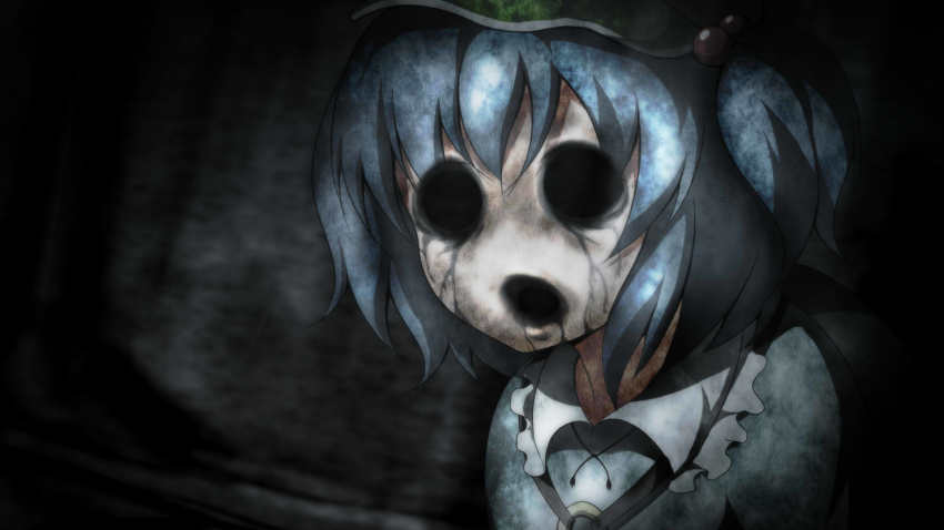 1girl, blue_hair, creepy, enbanzyou, female_focus, hair_bobbles, hair_ornament, hangetsuban_sonshou, hat, highres, horror_(theme), kawashiro_nitori, key, ningyo_numa, no_eyes, no_nose, open_mouth, portrait, short_hair, solo, touhou, two_side_up