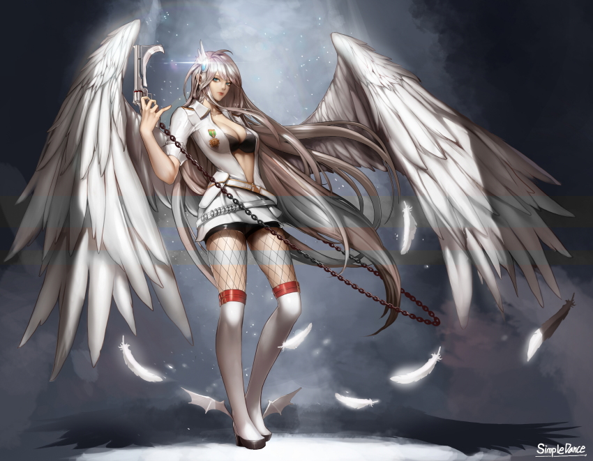 00s, 1girl, absurdres, angel_wings, ankle_wings, belt, blue_eyes, breasts, bullet, chain, cleavage, collared_shirt, dungeon_and_fighter, feathers, female_focus, female_gunner_(dungeon_and_fighter), female_ranger_(dungeon_and_fighter), fishnet_pantyhose, fishnets, full_body, glint, gun, hair_ornament, handgun, highres, kneehighs, large_breasts, lips, long_hair, looking_at_viewer, midriff, monaim, open_clothes, open_shirt, pantyhose, platform_footwear, revolver, shirt, silver_hair, socks, solo, standing, weapon, white_socks, wings