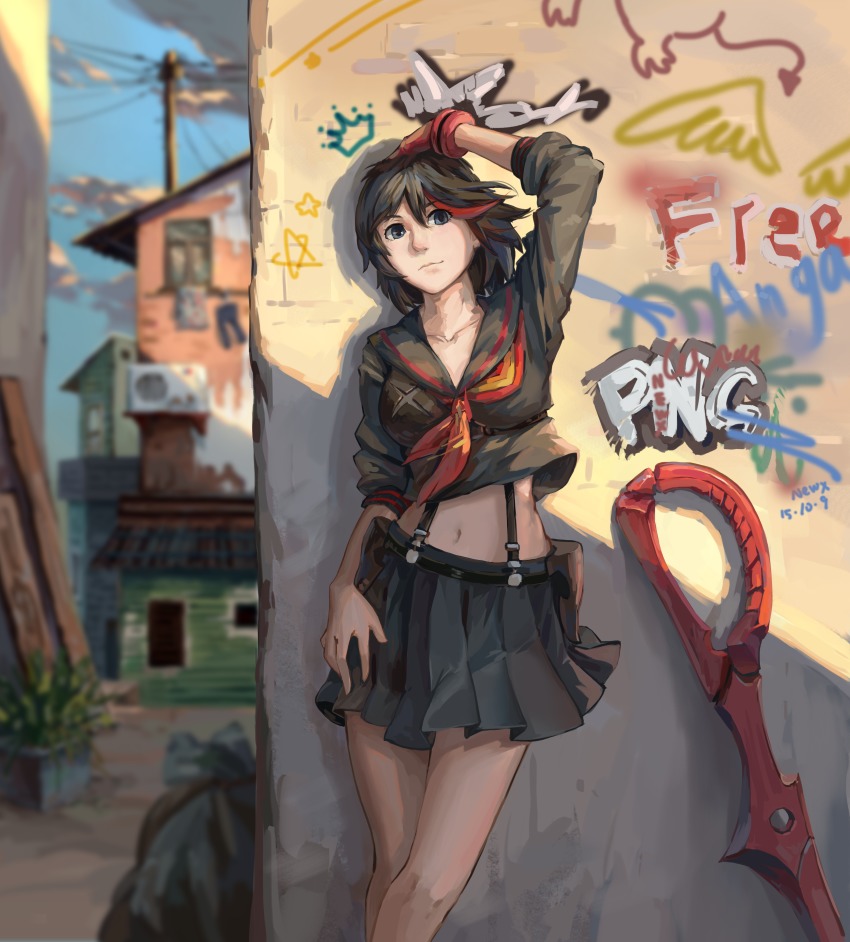 10s, 1girl, absurdres, artist_name, black_hair, blue_eyes, blurry, breasts, contrapposto, crop_top, crop_top_overhang, dated, day, depth_of_field, female_focus, gloves, graffiti, hand_on_own_hip, hand_on_own_head, highres, kill_la_kill, crossed_legs, looking_at_viewer, matoi_ryuuko, midriff, multicolored_hair, navel, newx, outdoors, plant, red_hair, senketsu, single_glove, skirt, sky, solo, standing, suspenders, trash_bag, utility_pole