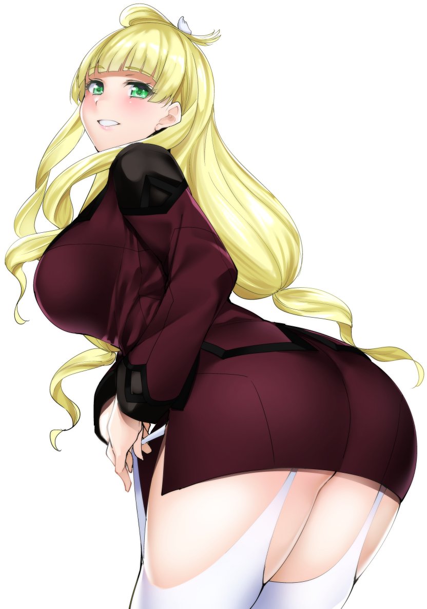 1girl, active_raid, ass, blonde_hair, blunt_bangs, blush, breasts, emilia_edelman, female_focus, green_eyes, grin, huge_breasts, long_hair, looking_at_viewer, looking_back, miniskirt, pencil_skirt, simple_background, skirt, smile, solo, thighhighs, tomohiro_kai, very_long_hair, white_background, white_thighhighs