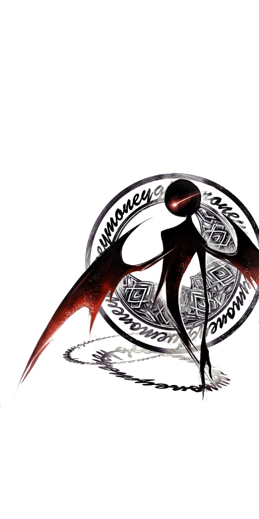 1boy, absurdres, deemo, deemo_(character), demon_wings, entrance_(deemo), glowing, glowing_eyes, highres, male_focus, monochrome, official_art, red_eyes, solo, white_background, wings