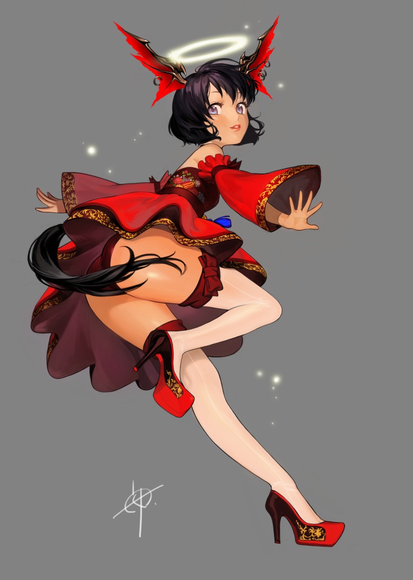 1girl, absurdres, an_kyoung, ass, bare_shoulders, blue_eyes, bow_legwear, brown_panties, detached_sleeves, dress, ear_piercing, elin, eyelashes, female_focus, floral_print, food_print, from_behind, full_body, grey_background, halo, head_wings, high_heels, highres, leg_up, lips, lipstick, looking_at_viewer, looking_back, makeup, obi, outstretched_arms, panties, pantyshot, parted_lips, piercing, red_lips, red_panties, red_shoes, sash, shoes, short_dress, short_hair, signature, simple_background, sleeveless, smile, solo, standing, standing_on_one_leg, tail, tassel, tera_online, thighhighs, traditional_clothes, underwear, white_thighhighs, wings