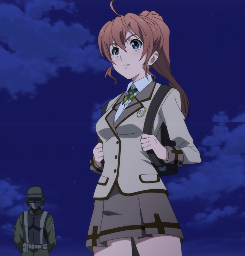 1girl, active_raid, anime_screenshot, backpack, bag, green_eyes, highres, orange_hair