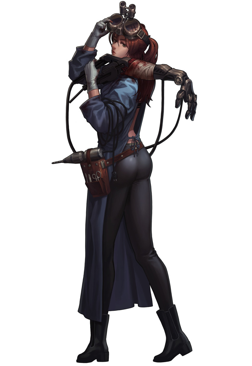 1girl, arm_wrap, ass, bandaged_arm, bandages, barbara_(black_survival), barbara_erlenwein, belt, black_survival, blood, blood_on_hands, bloody_bandages, boots, brown_hair, cable, closed_mouth, drill, female_focus, from_side, gloves, goggles, goggles_on_head, green_eyes, hand_on_goggles, hand_up, highres, hospital_gown, looking_at_viewer, mechanical_arms, official_alternate_costume, pants, red_lips, scissors, simple_background, single_mechanical_arm, solo, surgeon, utility_belt, white_background