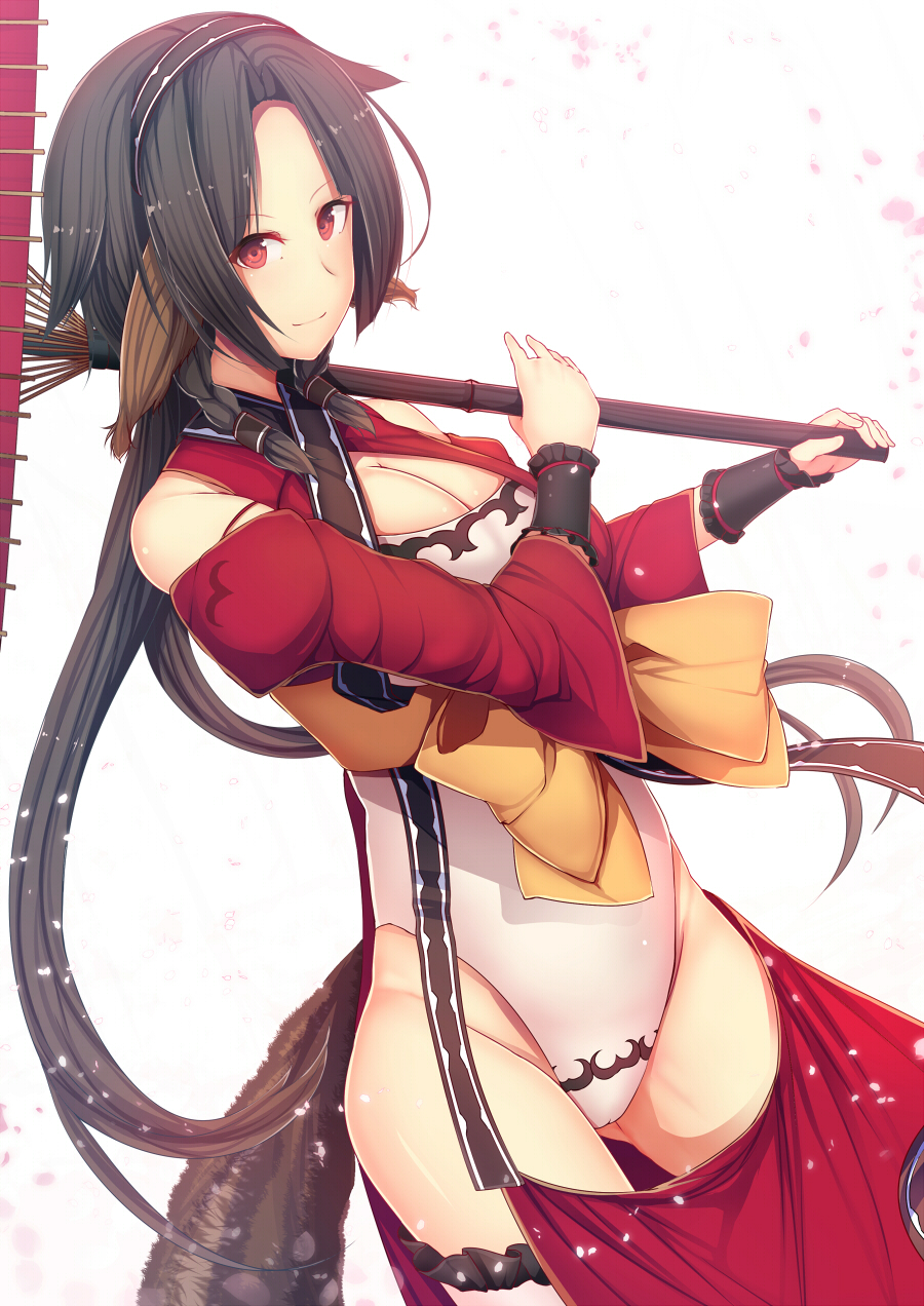 10s, 1girl, animal_ears, aquaplus, black_hair, breasts, cleavage, daiaru