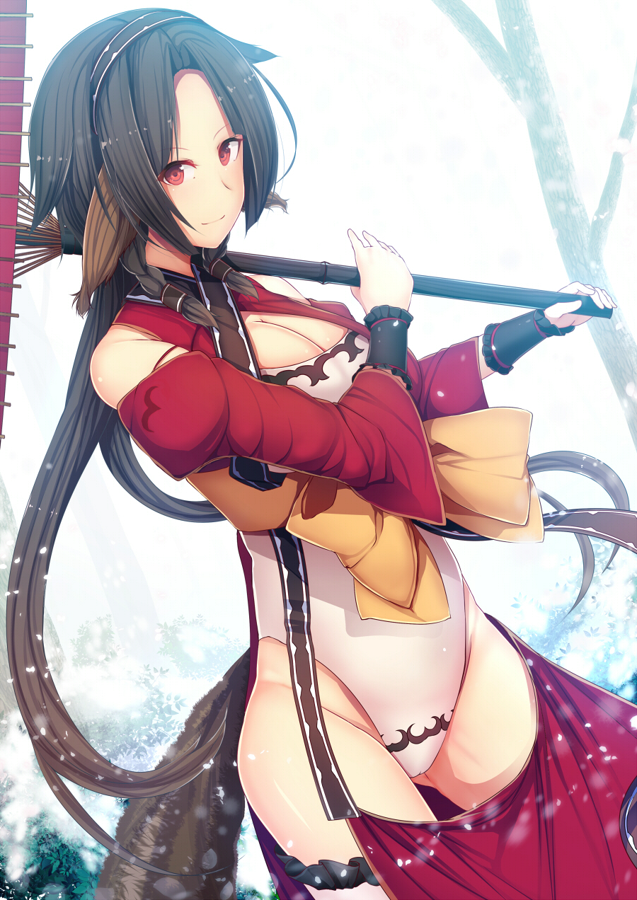 10s, 1girl, animal_ears, aquaplus, black_hair, breasts, cleavage, daiaru, female_focus, highres, long_hair, looking_at_viewer, red_eyes, shis, smile, solo, umbrella, utawarerumono, utawarerumono:_futari_no_hakuoro