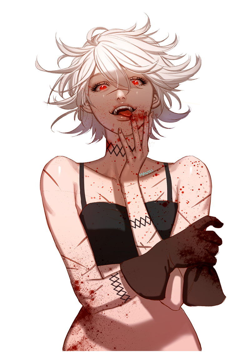 1girl, artist_name, bad_id, bad_twitter_id, bare_shoulders, black_survival, blood, blood_on_arm, blood_on_chest, blood_on_clothes, blood_on_face, brown_gloves, collarbone, crop_top, eyelashes, female_focus, gloves, glowing, glowing_eyes, hair_between_eyes, hand_on_own_cheek, hand_on_own_face, jackie_(black_survival), jackie_quilt, looking_at_viewer, manjji, red_eyes, scar, short_hair, simple_background, single_glove, sleeveless, solo, spiked_hair, teeth, tongue, tongue_out, upper_body, white_background