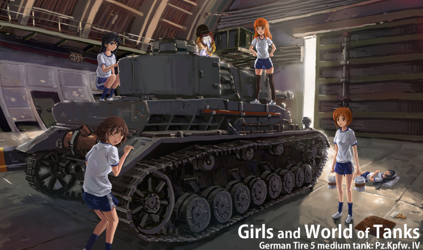 10s, 6+girls, akiyama_yukari, black_hair, blowtorch, brown_hair, bucket, caterpillar_tracks
