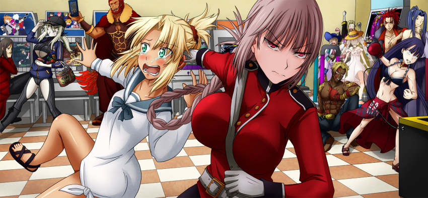 10s, 6+boys, 6+girls, :d, abs, aged_up, arcade, artoria_pendragon_(fate)