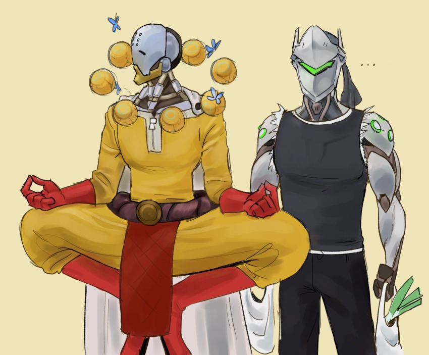 ..., 2boys, bad_id, bad_tumblr_id, bag, bug, butterfly, cape, commentary, cosplay, cyborg, elliephantes, floating, genji_(overwatch), genos, genos_(cosplay), insect, lotus_position, multiple_boys, omnic, one-punch_man, orb, overwatch, overwatch_1, parody, robot, saitama_(one-punch_man), saitama_(onepunch_man)_(cosplay), shopping_bag, tank_top, zenyatta_(overwatch)