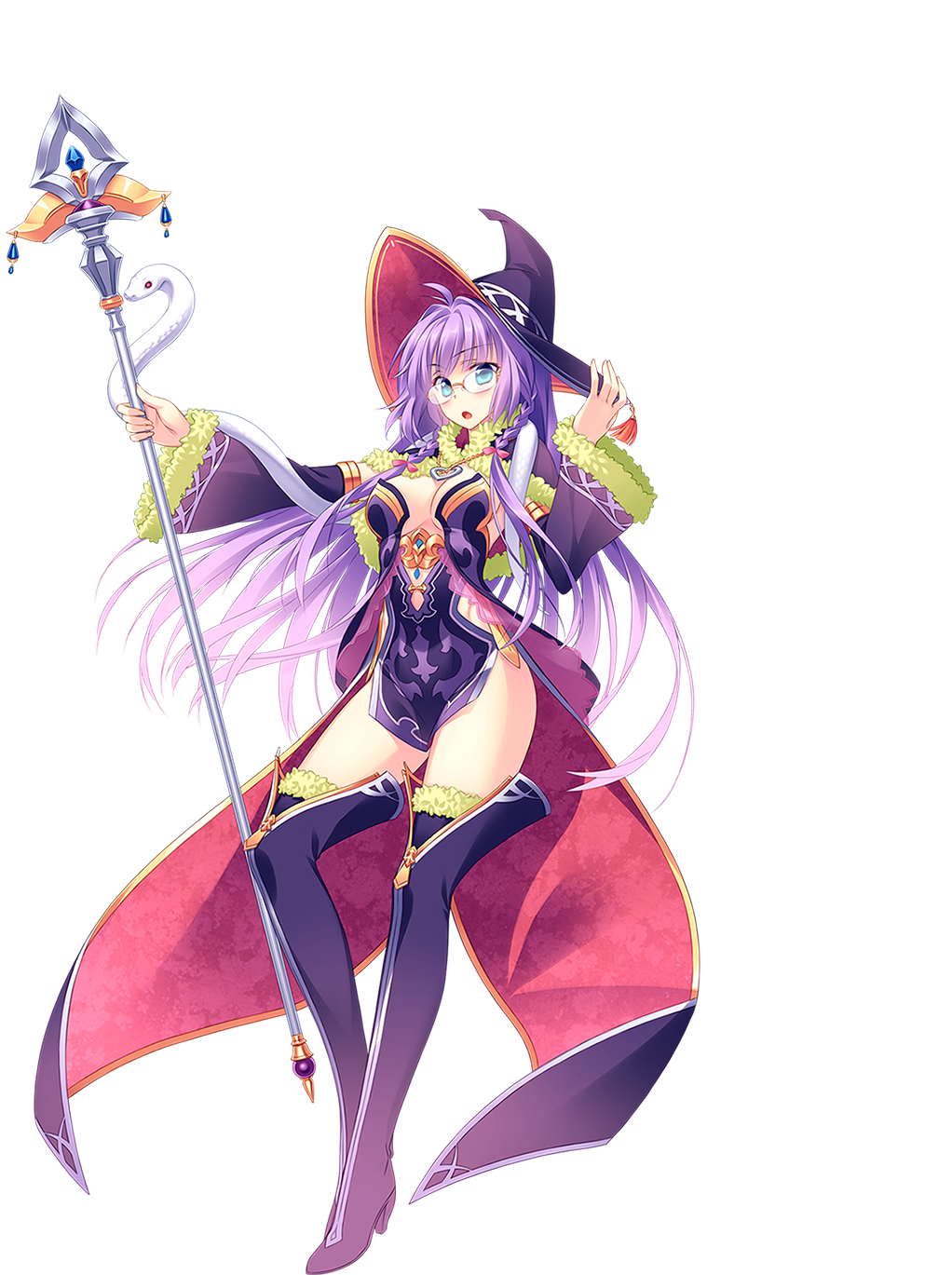 1girl, adele_(sennen_sensou_aigis), blue_hair, blush, coat, detached_sleeves, dress, female_focus, full_body, glasses, hat, highres, long_hair, looking_at_viewer, miyatsuki_itsuka, official_art, open_mouth, purple_hair, sennen_sensou_aigis, short_dress, simple_background, snake, solo, staff, thighhighs, transparent_background, white_background, wide_sleeves, witch_hat