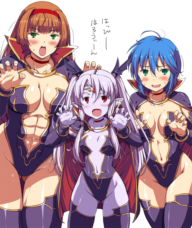 3girls, :d, abs, awakening_(sennen_sensou_aigis), bangle, bat_hair_ornament, blue_hair, blush, bracelet, breasts, breasts_apart, brown_hair, cape, choker, circlet, claw_pose, collarbone, colored_skin, cosplay, cowboy_shot, detached_sleeves, eden_(sennen_sensou_aigis), eden_(sennen_sensou_aigis)_(cosplay), eyebrows, fangs, green_eyes, groin, hair_between_eyes, hair_ornament, hair_tubes, hairband, jewelry, light_purple_hair, long_hair, long_sleeves, looking_at_viewer, matsuzaki_yutaka, medium_breasts, multiple_girls, navel, open_mouth, phyllis_(sennen_sensou_aigis), pointy_ears, purple_skin, rean_(sennen_sensou_aigis), red_eyes, sennen_sensou_aigis, short_hair, simple_background, small_breasts, smile, standing, sweatdrop, text_focus, thighhighs, translated, twintails, vampire, wavy_mouth, white_background