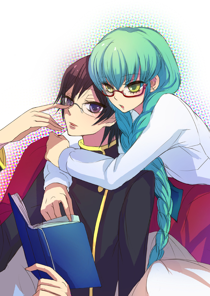 00s, 1boy, 1girl, bad_id, bad_pixiv_id, black_hair, book, c.c.