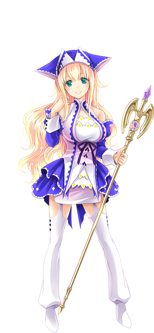 1girl, aqua_eyes, bare_shoulders, blonde_hair, bomi, bow, breasts, camilla_(sennen_sensou_aigis)