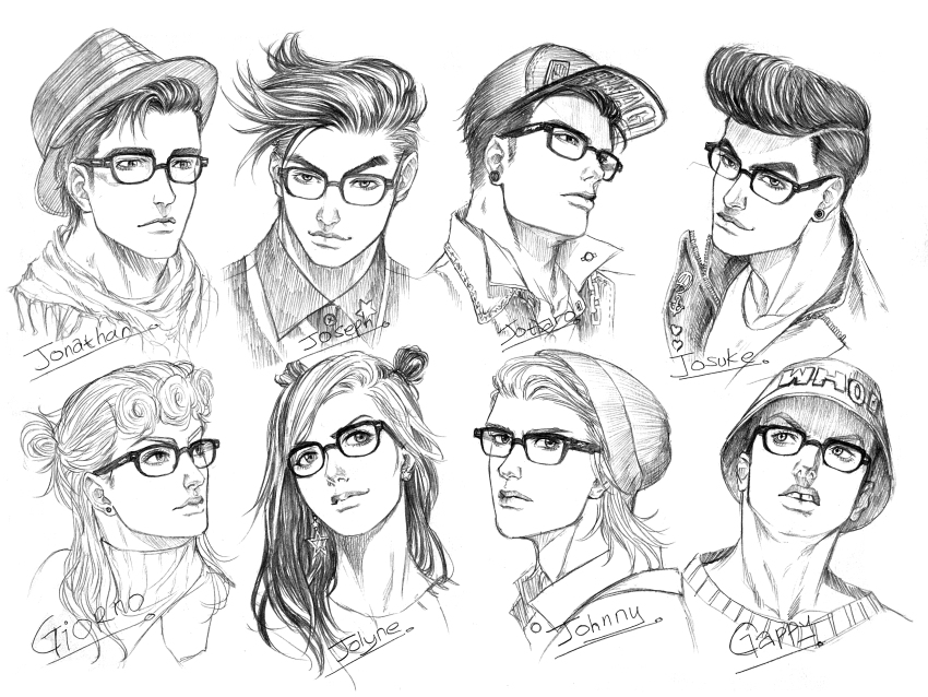 absurdres, adam's_apple, chain, double_bun, earrings, fedora, giorno_giovanna, glasses