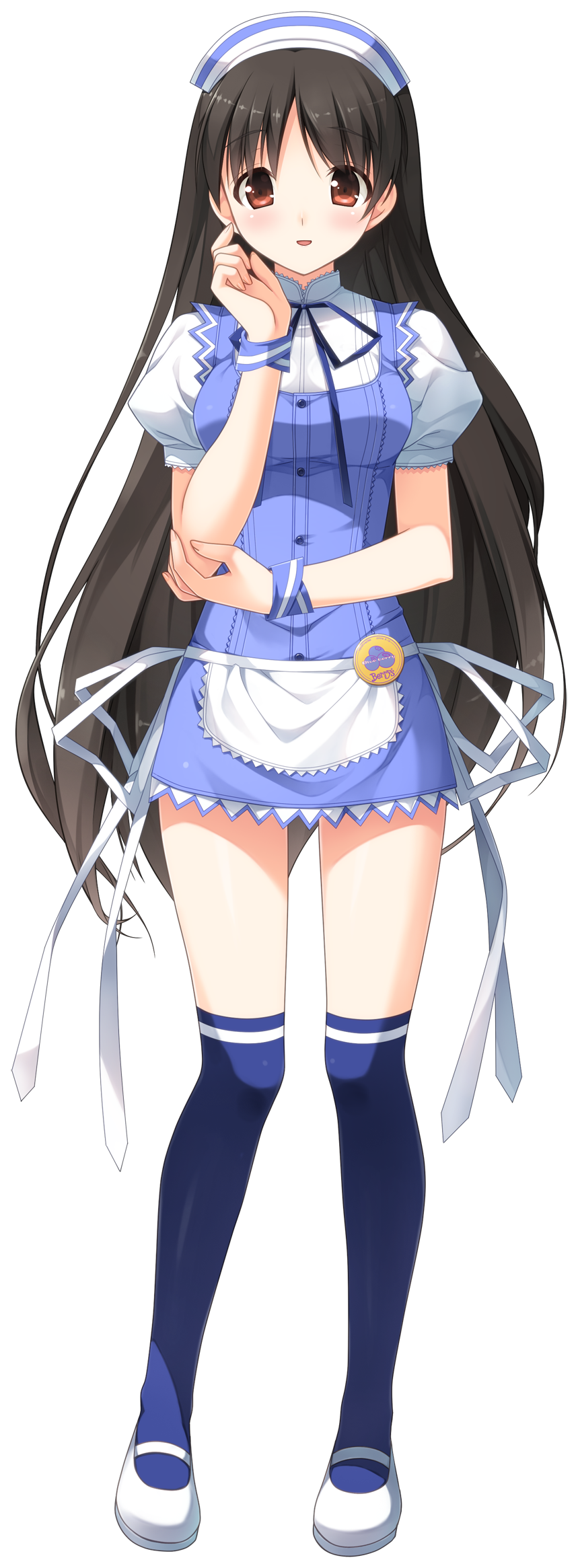 1girl, apron, asou_mitsuki, berry's, black_hair, blue_hair, blue_thighhighs, blush