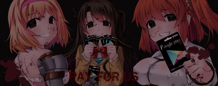 10s, 3girls, absurdres, ahoge, armor, black_eyes, blazer, blonde_hair