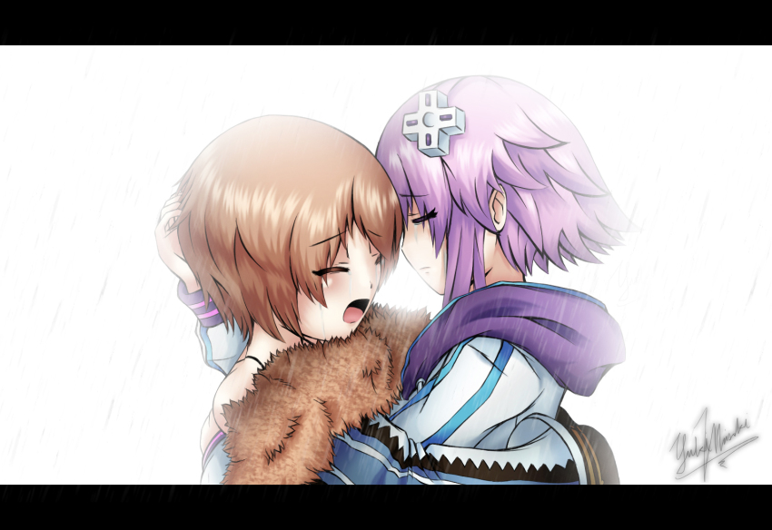 10s, 2girls, blanc_(neptunia), blue_eyes, brown_hair, closed_eyes, coat, crying