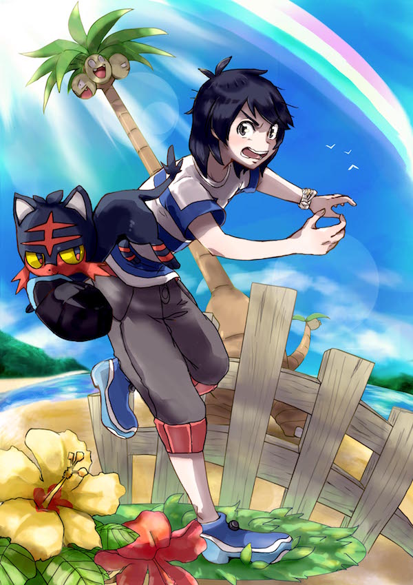 >:o, 1boy, :o, alolan_exeggutor, alolan_form, beach, black_hair, day