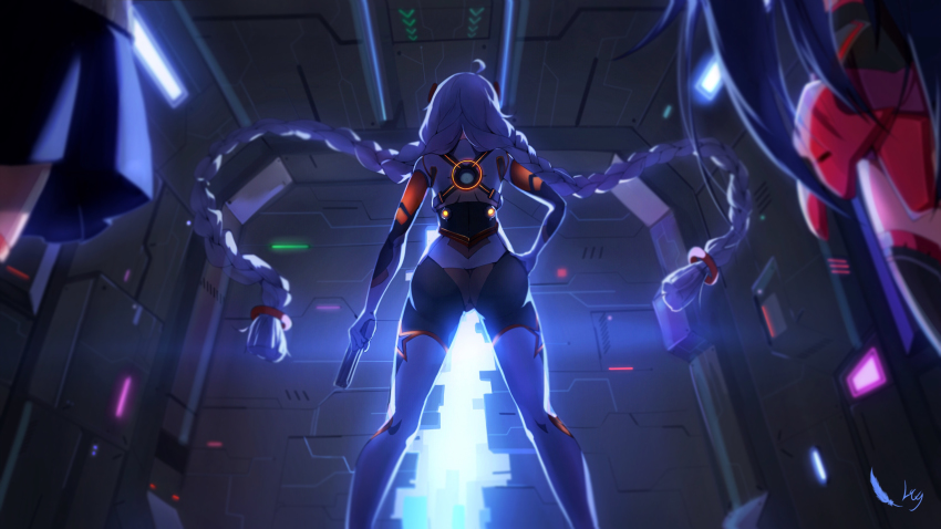 3girls, absurdres, ahoge, ass, blue_hair, braid, bronya_zaychik, bronya_zaychik_(valkyrie_chariot), from_behind, gun, hand_on_own_hip, handgun, highres, honkai_(series), honkai_impact_3rd, kiana_kaslana, kiana_kaslana_(white_comet), long_hair, low-tied_long_hair, luo_qingyu, miniskirt, multiple_girls, pleated_skirt, raiden_mei, raiden_mei_(crimson_impulse), skin_tight, skirt, twin_braids, very_long_hair, weapon, wind