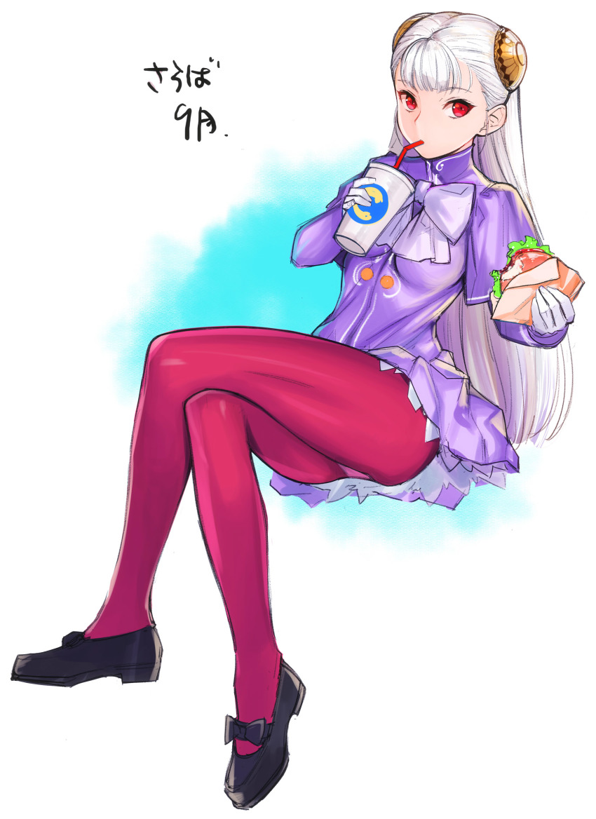 1girl, black_bow, black_shoes, blonde_hair, blunt_bangs, bow, bowtie, breasts, burger, capcom_fighting_jam, colored_eyelashes, crossed_legs, cup, drinking, drinking_straw, female_focus, food, full_body, gloves, hairpods, highres, holding, holding_cup, ingrid_(capcom), jacket, lavender_bow, lavender_bowtie, long_hair, long_sleeves, looking_at_viewer, mary_janes, medium_breasts, panties, panties_under_pantyhose, pantyhose, pink_panties, pink_pantyhose, purple_jacket, red_eyes, salad, shoes, sitting, solo, tetsu_(kimuchi), text_focus, translation_request, two-tone_background, underwear, very_long_hair, white_gloves, wrapper