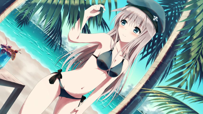 1girl, aqua_eyes, armpits, beach, bikini, black_bikini, breasts, cleavage