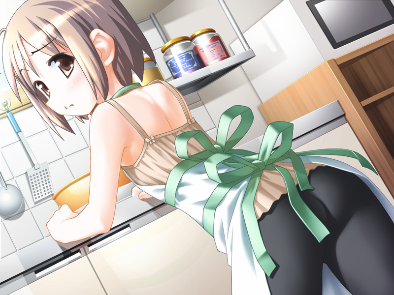 00s, 1girl, apron, ass, bike_shorts, blush, bowl, brown_eyes
