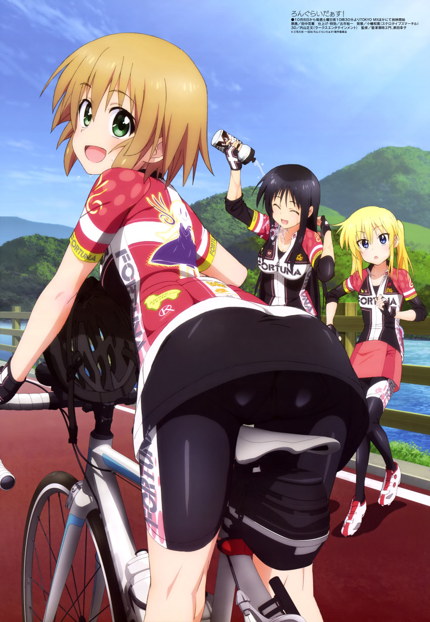 10s, 3girls, :d, ^_^, absurdres, ass, bicycle, bicycle_helmet
