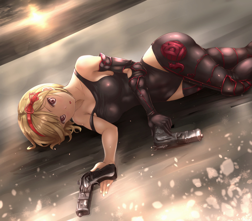 10s, 1girl, alternate_costume, arm_guards, bare_shoulders, black_gloves, blonde_hair, bow