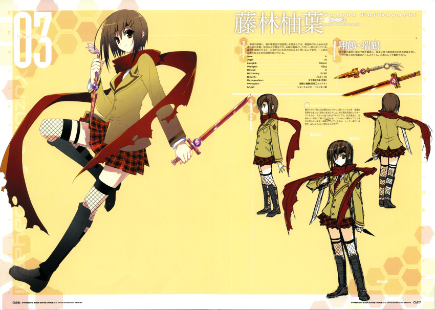 1girl, absurdres, brown_eyes, brown_hair, reference_sheet, dagger, dual_wielding, fishnet_thighhighs