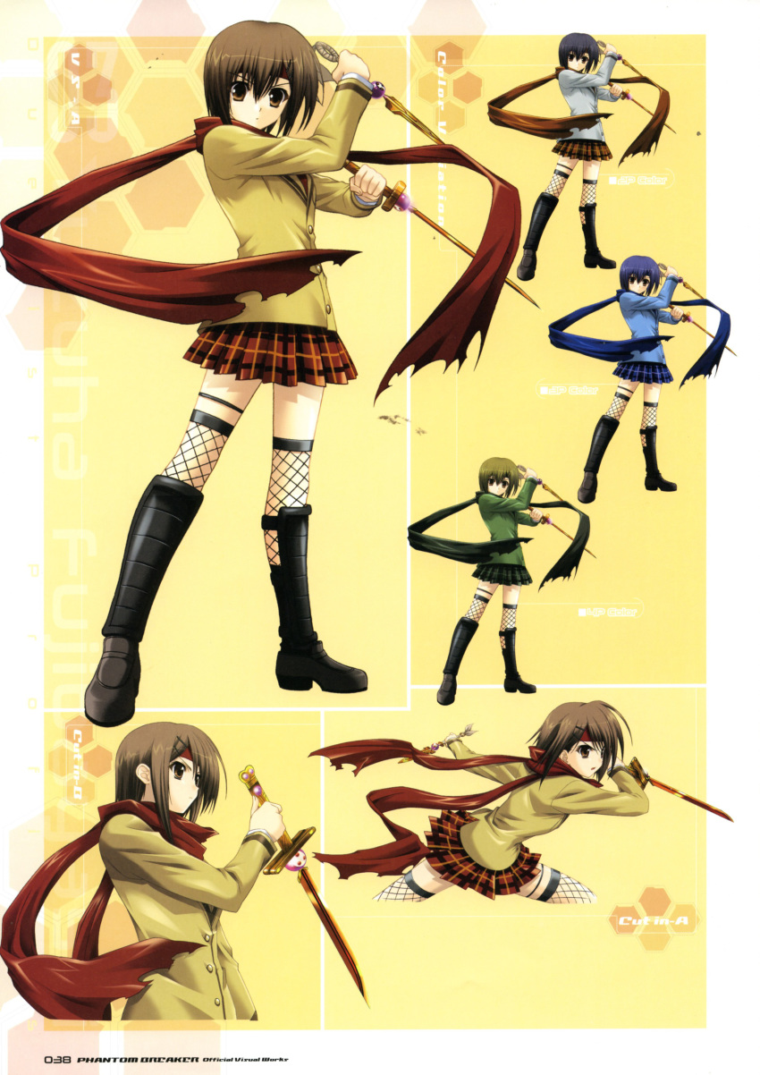 1girl, absurdres, blazer, brown_eyes, brown_hair, reference_sheet, dagger, dual_wielding