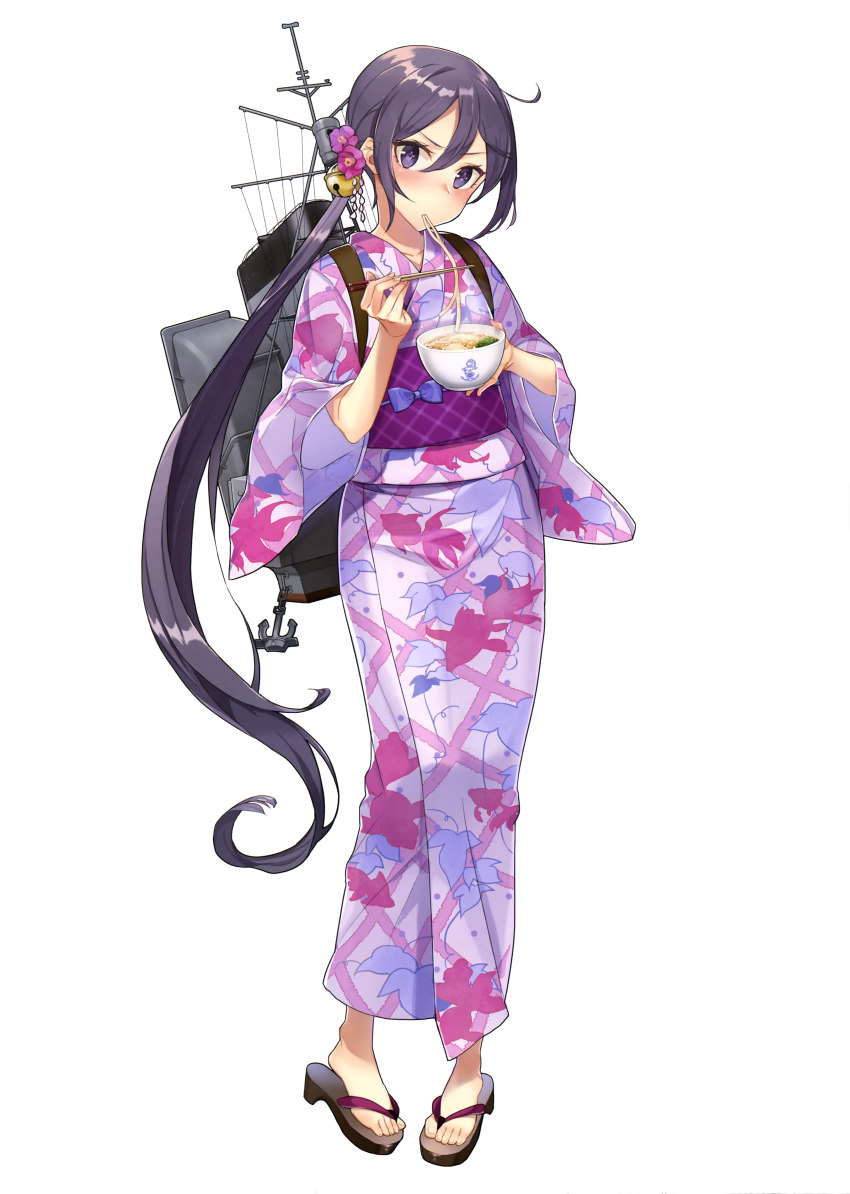 10s, 1girl, absurdres, ahoge, akebono_(kancolle), akebono_(nakau)_(kancolle), anchor, bell, bowl, chopsticks, drew_(drew213g), eating, feet, female_focus, fingernails, flower, food, hair_bell, hair_between_eyes, hair_flower, hair_ornament, highres, holding, holding_bowl, japanese_clothes, jingle_bell, kantai_collection, kimono, leaf_print, long_hair, looking_at_viewer, non-web_source, noodles, nyantype, obi, official_art, pigeon-toed, ponytail, purple_eyes, purple_hair, rigging, sandals, sash, side_ponytail, simple_background, smokestack, solo, steam, toenails, toes, udon, very_long_hair, white_background, wide_sleeves, yukata