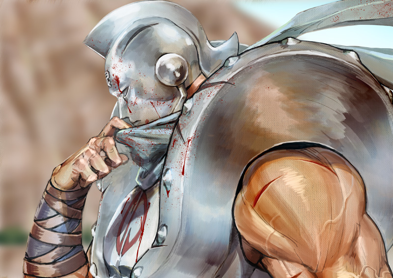 1boy, bad_id, bad_pixiv_id, blood, blurry, blurry_background, deep_wound, helmet, injury, kinnikuman, male_focus, muscular, profile, silverman, solo, yoshito_(adore)