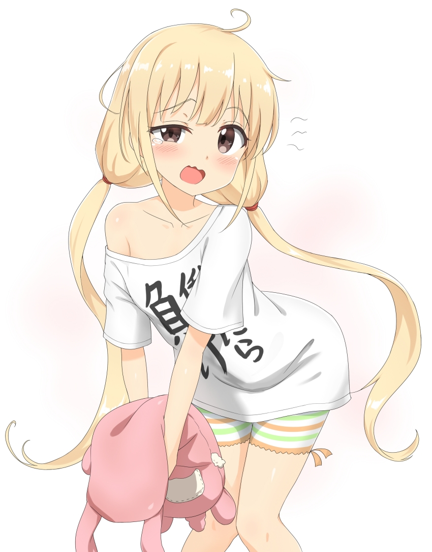 10s, 1girl, absurdres, ahoge, bike_shorts, blonde_hair, brown_eyes, clothes_writing