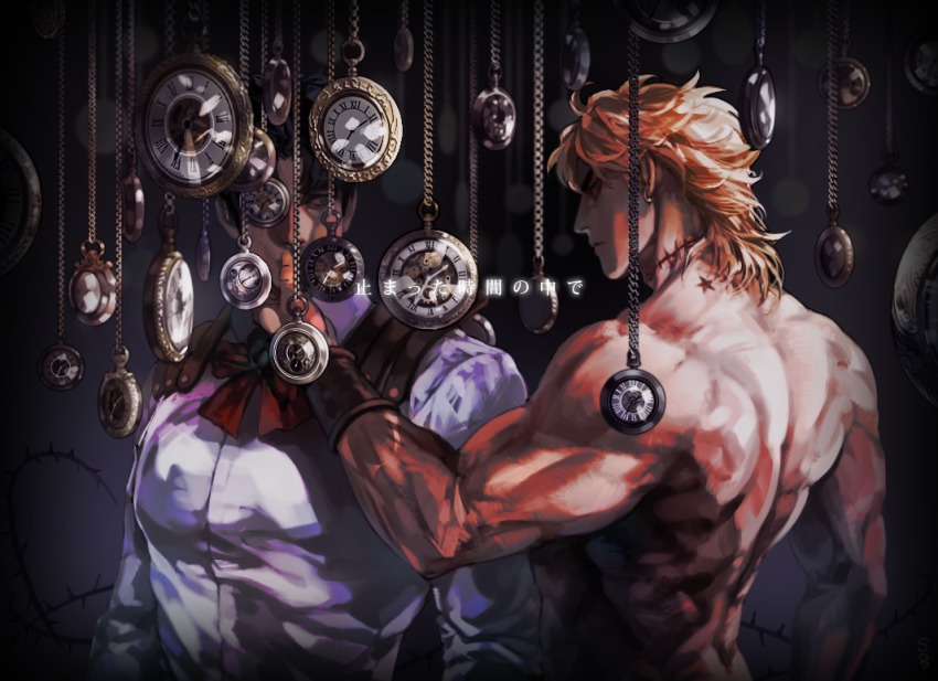 2boys, birthmark, black_hair, blonde_hair, dio_brando, earrings, jewelry, joestar_birthmark, jojo_no_kimyou_na_bouken, jonathan_joestar, male_focus, multiple_boys, muscular, neck_ribbon, pocket_watch, red_eyes, ribbon, sb_(hiratsei), scar, topless_male, text_focus, translation_request, watch, wristband