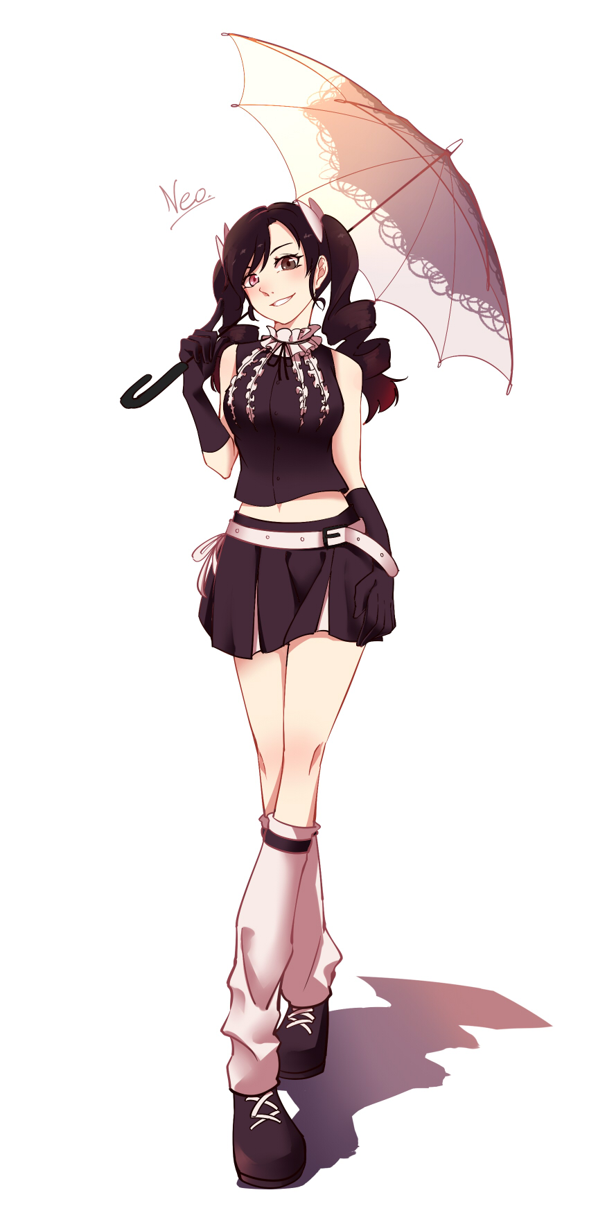 1girl, belt, black_gloves, black_hair, blush, brown_eyes, character_name, crossed_legs, drill_hair, female_focus, gloves, heterochromia, highres, loose_socks, midriff, navel, neko_punch, neopolitan_(rwby), parasol, pink_eyes, rwby, smile, socks, solo, twintails, umbrella, white_background