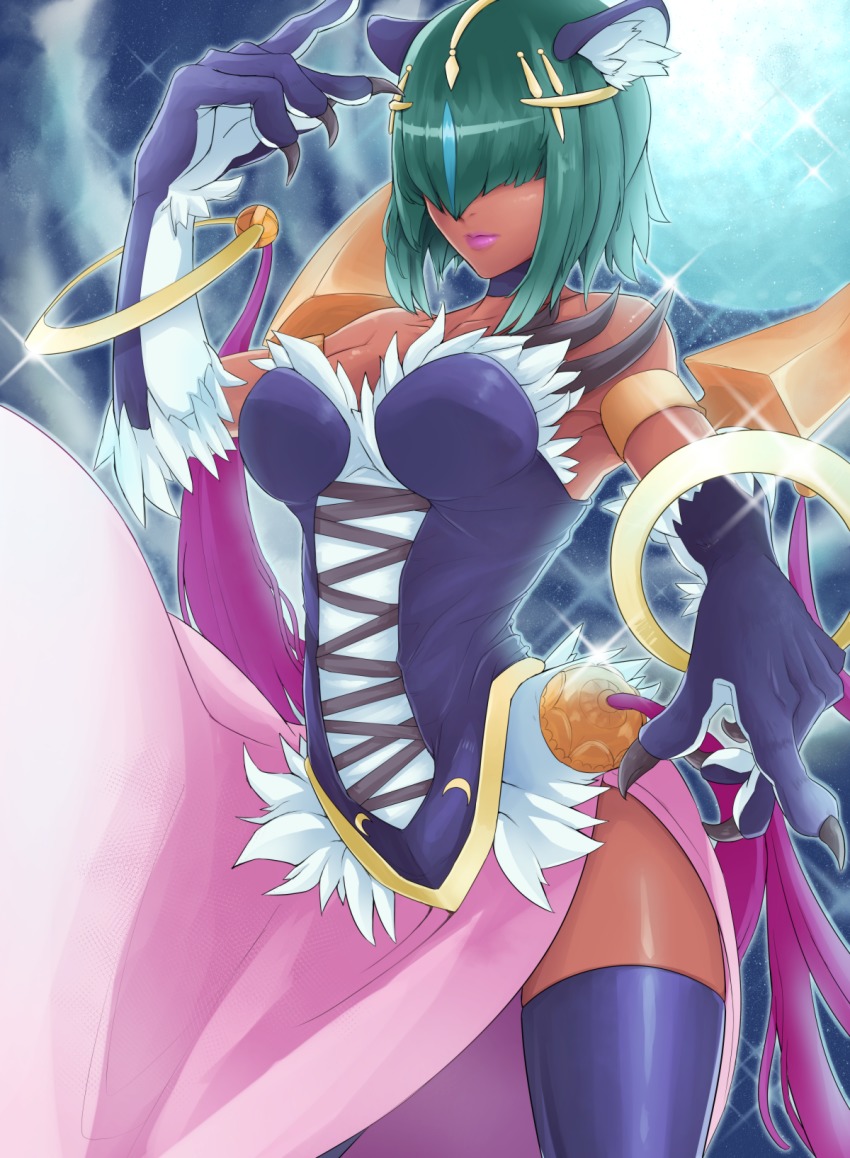 1girl, animal_ears, black_hair, bracelet, breasts, claws, dancer, dark-skinned_female, dark_skin, duel_monster, female_focus, gloves, green_hair, hair_over_eyes, highres, hirome99, jewelry, lipstick, lunalight_panther_dancer, makeup, moon, panther_ears, short_hair, solo, thigh_gap, thighhighs, thighs, yu-gi-oh!