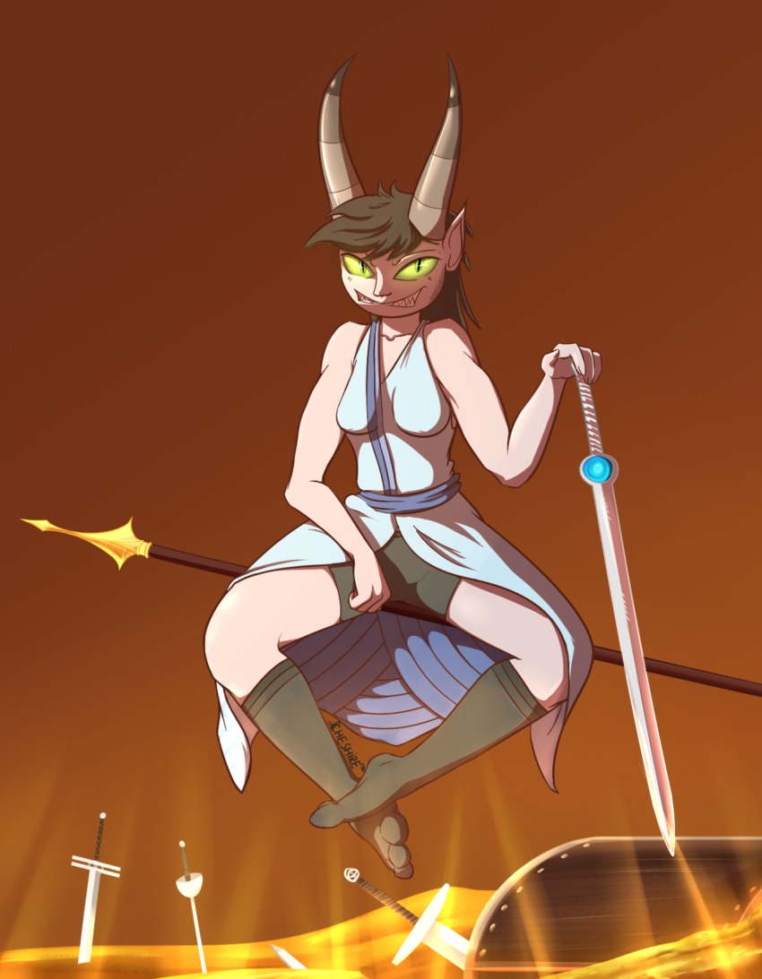 1girl, adventure_time, bandit_princess, bare_shoulders, bike_shorts, black_hair, colored_sclera, colored_skin, demon_girl, female_focus, floating, green_eyes, green_sclera, grin, highres, horns, looking_at_viewer, mohawk, oni, outdoors, polearm, sharp_teeth, shorts, slit_pupils, smile, socks, solo, spear, sword, teeth, weapon, white_skin