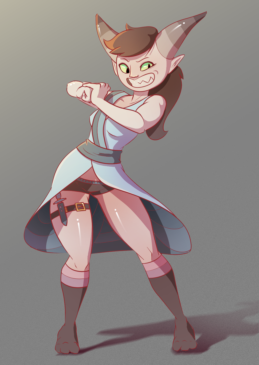 1girl, adventure_time, bandit_princess, bike_shorts, colored_sclera, colored_skin, demon_girl, fangs, female_focus, green_eyes, green_sclera, highres, horns, mohawk, oni, shorts, simple_background, slit_pupils, socks, solo, white_skin