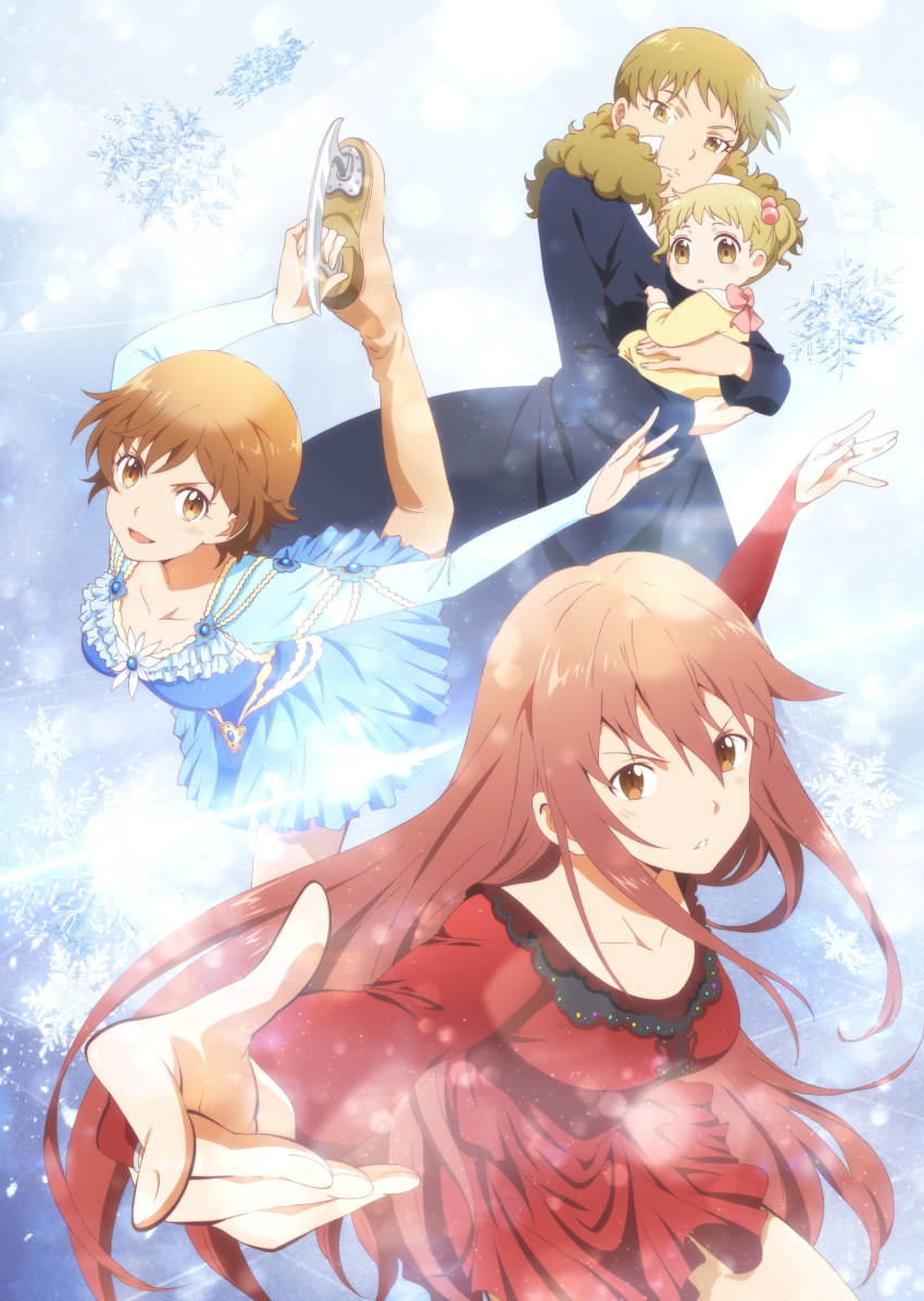 1boy, 3girls, absurdres, april_fools, baby, blonde_hair, brown_hair, dress